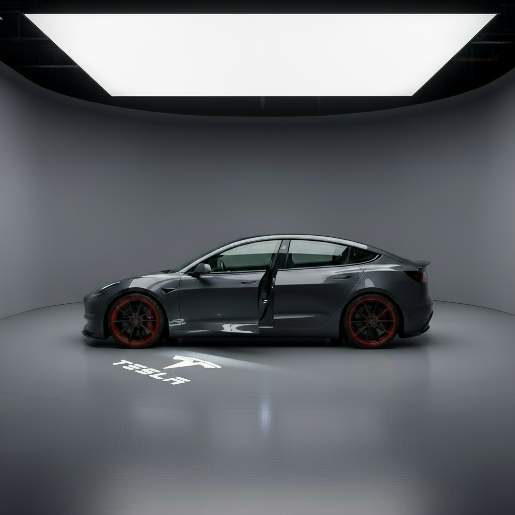 generate a hyperrealistic image of a tesla with its door open in a minimal studio environment. under the door are tesla puddle lights that are the t logo with letters shown on the ground.