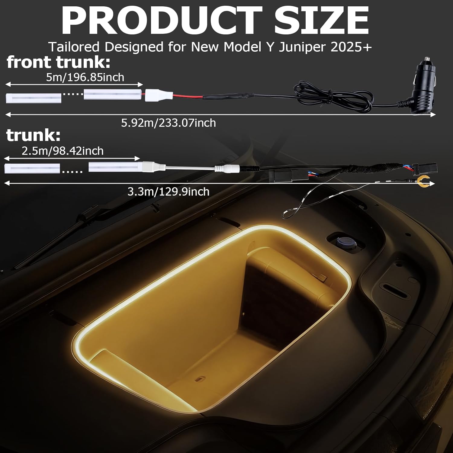2 Pcs Frunk and Trunk LED Light Strips for Tesla Model Y & Model Y Juniper 2025+, 8.2Ft and 16.4Ft Waterproof Intelligent Lights, White Ambient Light Flexible Silicone Strips Accessories