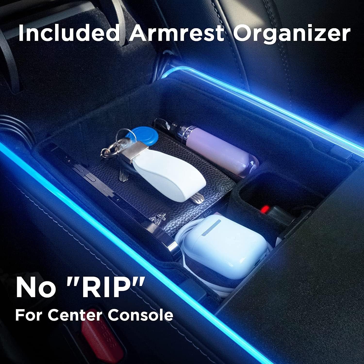 Interior Car Neon Lights Fit for Tesla Model 3 Y 2021 2022 2023 (Center Console+Dashboard+2 Foot Lights) with Armrest Organizer, Tesla Ambient Lighting, App-Controlled RGB LED Strip Lights