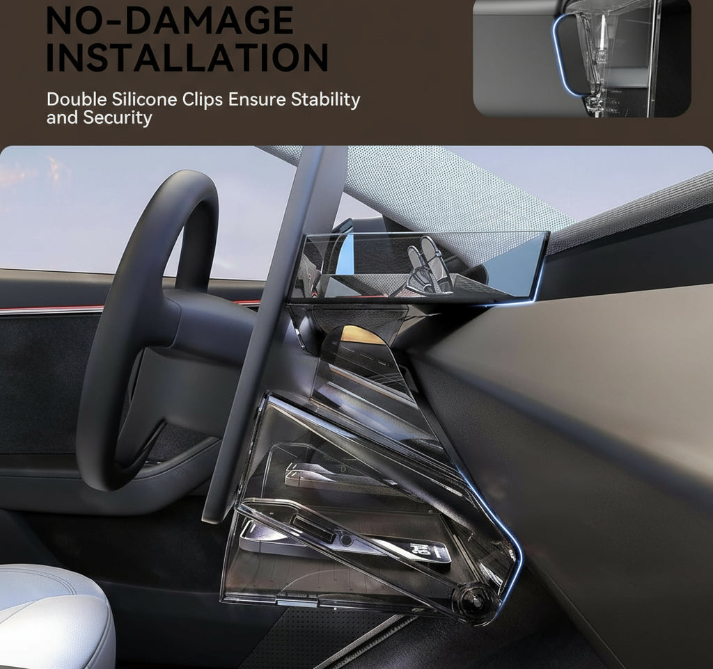 under Screen Storage for Tesla Model Y Juniper & Model 3 Highland 2025-2024,Magnetic Hideable Center Console Organizer Tray,Easy Install
