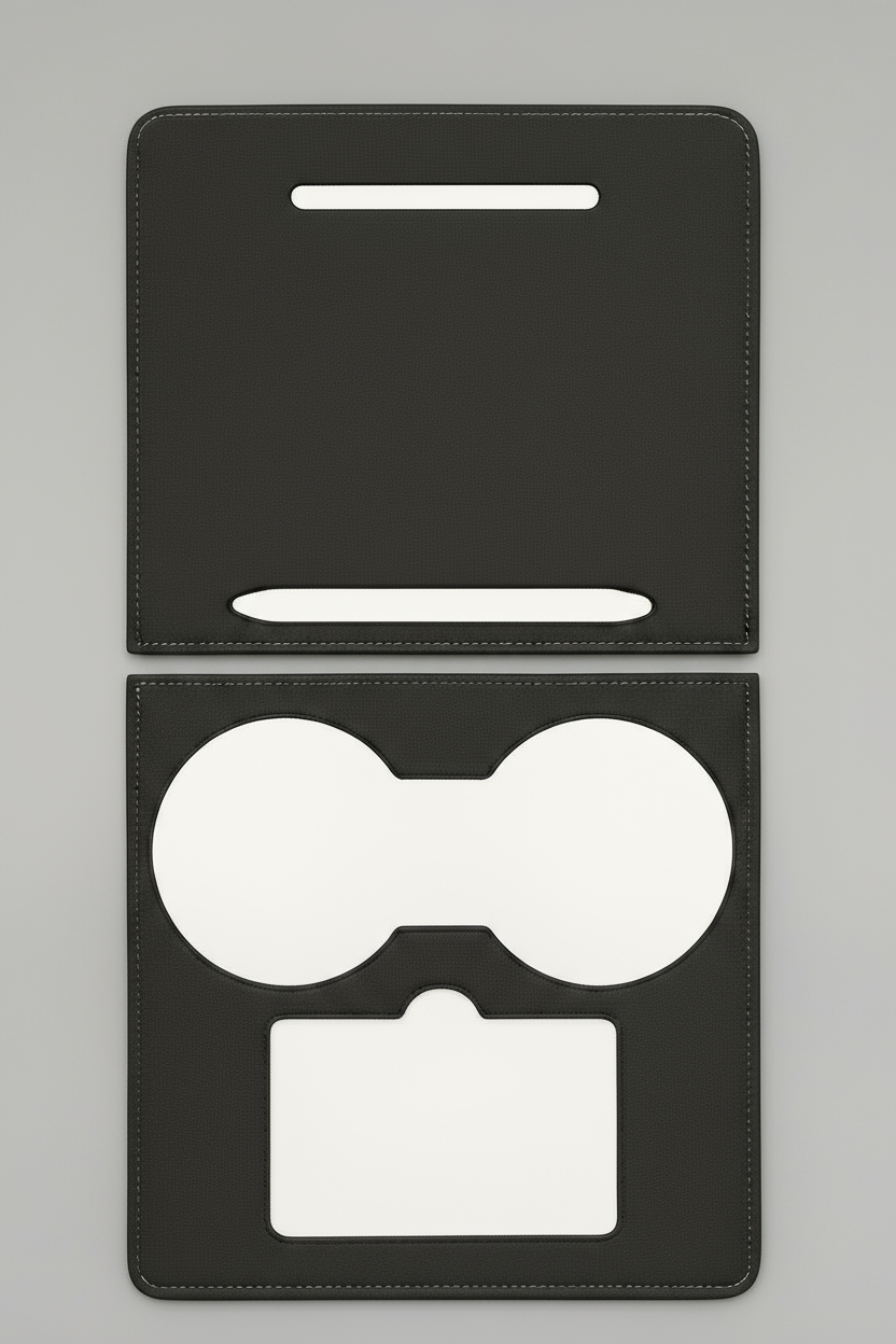 Black leather cardholder with a white card insert on a white background